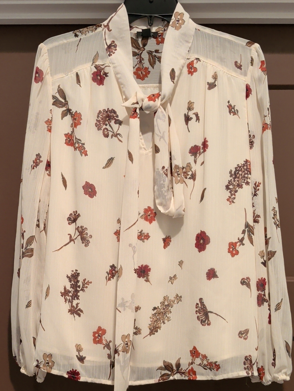 Ann Taylor Cream Floral Tie-Neck Blouse with Rust & Brown Accents